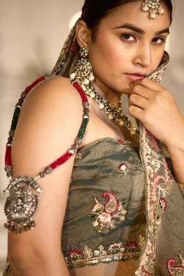 Celebrity type olive gray embroidered border motifs moss shimmer saree with unstitched blouse 5