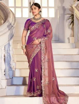 Floral purple embroidered border motifs moss shimmer saree with unstitched blouse 1