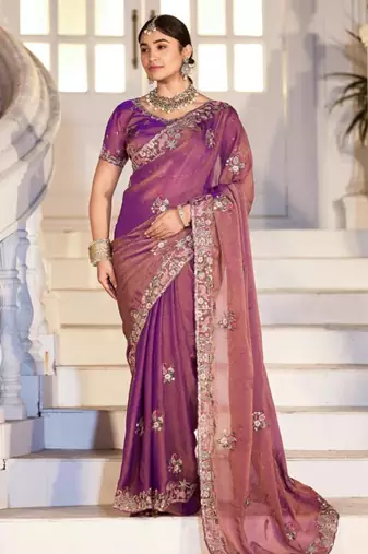 Floral purple embroidered border motifs moss shimmer saree with unstitched blouse