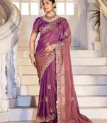 Floral purple embroidered border motifs moss shimmer saree with unstitched blouse