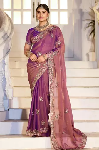 Floral purple embroidered border motifs moss shimmer saree with unstitched blouse