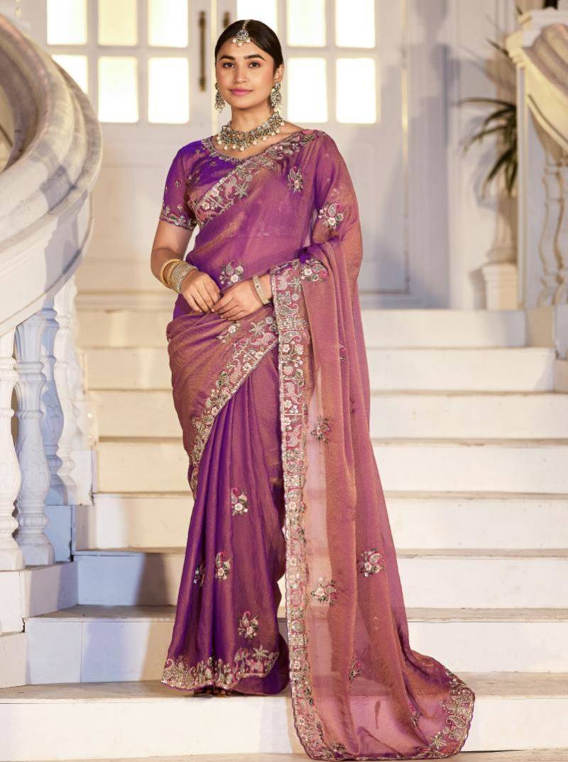 Floral purple embroidered border motifs moss shimmer saree with unstitched blouse