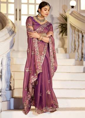 Floral purple embroidered border motifs moss shimmer saree with unstitched blouse 3
