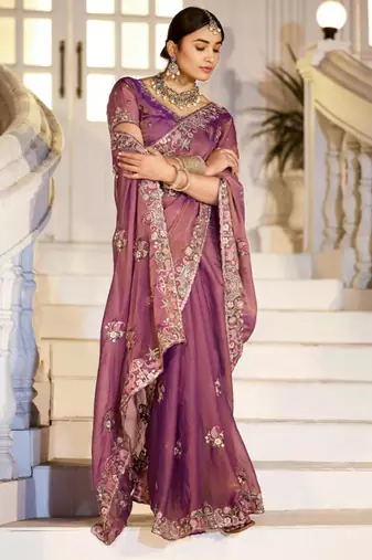 Floral purple embroidered border motifs moss shimmer saree with unstitched blouse