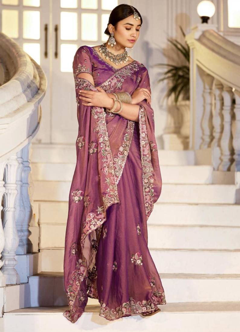 Floral purple embroidered border motifs moss shimmer saree with unstitched blouse