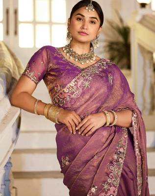 Floral purple embroidered border motifs moss shimmer saree with unstitched blouse 4