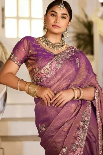 Floral purple embroidered border motifs moss shimmer saree with unstitched blouse