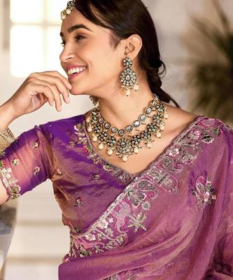 Floral purple embroidered border motifs moss shimmer saree with unstitched blouse 5