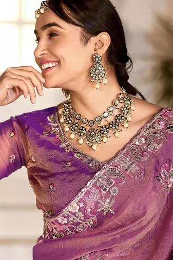 Floral purple embroidered border motifs moss shimmer saree with unstitched blouse