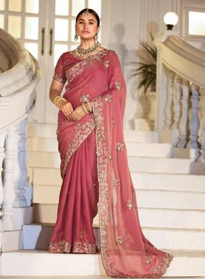 Embellished rose gold embroidered border motifs moss shimmer saree with unstitched blouse 1