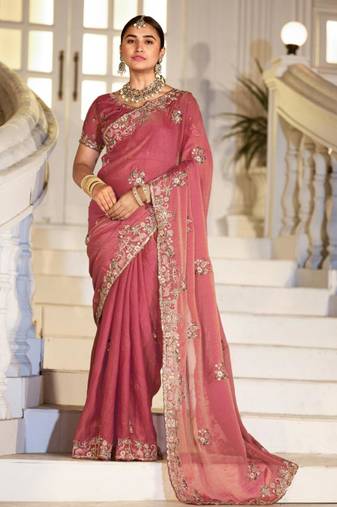 Embellished rose gold embroidered border motifs moss shimmer saree with unstitched blouse