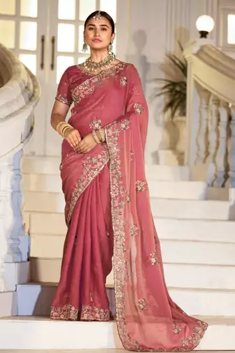 Embellished rose gold embroidered border motifs moss shimmer saree with unstitched blouse