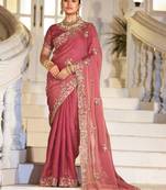 Embellished rose gold embroidered border motifs moss shimmer saree with unstitched blouse