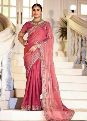 Embellished rose gold embroidered border motifs moss shimmer saree with unstitched blouse 2