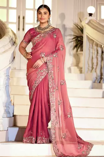 Embellished rose gold embroidered border motifs moss shimmer saree with unstitched blouse