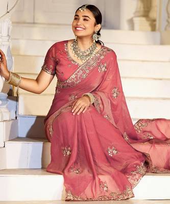 Embellished rose gold embroidered border motifs moss shimmer saree with unstitched blouse 3