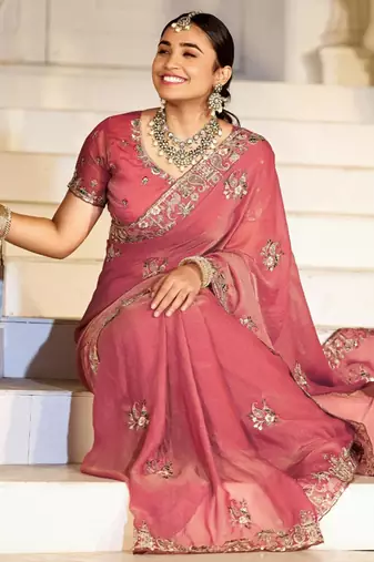 Embellished rose gold embroidered border motifs moss shimmer saree with unstitched blouse