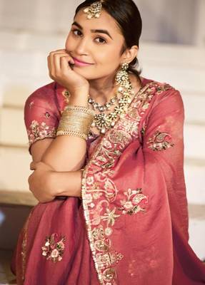 Embellished rose gold embroidered border motifs moss shimmer saree with unstitched blouse 4