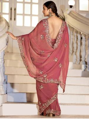 Embellished rose gold embroidered border motifs moss shimmer saree with unstitched blouse 5