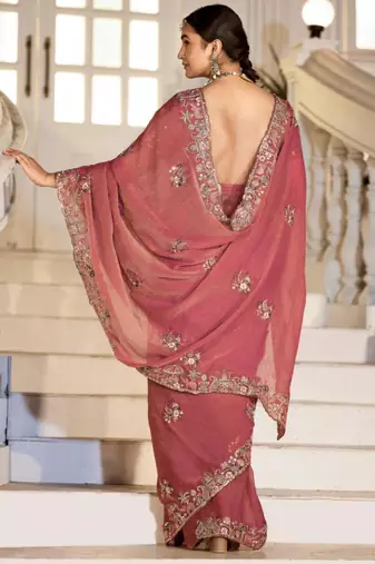 Embellished rose gold embroidered border motifs moss shimmer saree with unstitched blouse