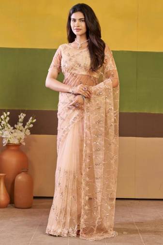 Ethnic champagne beige embroidered borders net saree with unstitched blouse