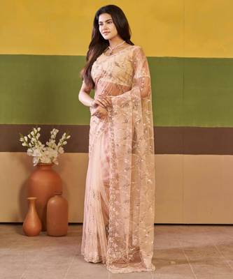 Ethnic champagne beige embroidered borders net saree with unstitched blouse 2