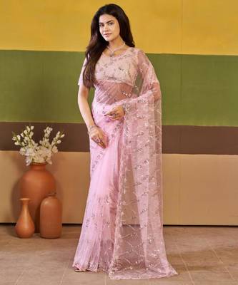 Trendy lavender pink embroidered borders net saree with unstitched blouse 1