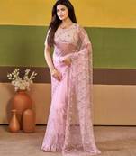 Trendy lavender pink embroidered borders net saree with unstitched blouse