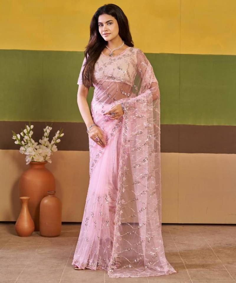 Trendy lavender pink embroidered borders net saree with unstitched blouse