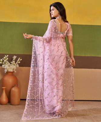 Trendy lavender pink embroidered borders net saree with unstitched blouse 3