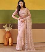 Traditional mauve pink embroidered borders net saree with unstitched blouse
