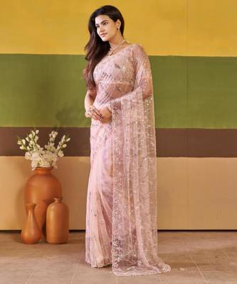 Traditional mauve pink embroidered borders net saree with unstitched blouse 2