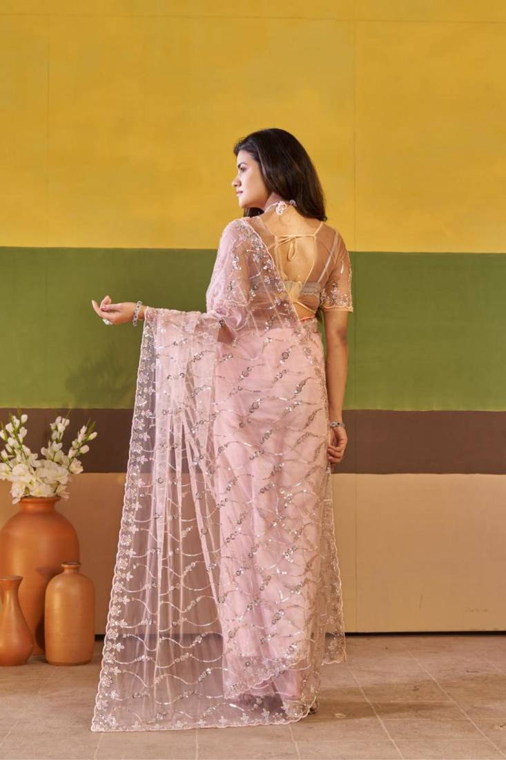 Traditional mauve pink embroidered borders net saree with unstitched blouse