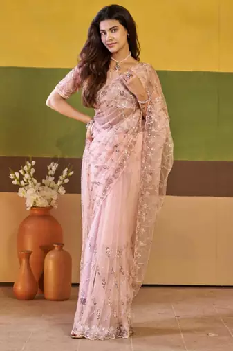 Traditional mauve pink embroidered borders net saree with unstitched blouse