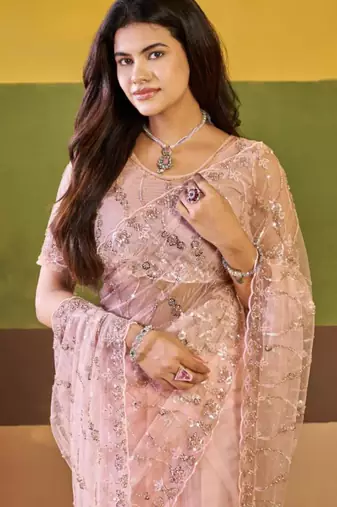 Traditional mauve pink embroidered borders net saree with unstitched blouse