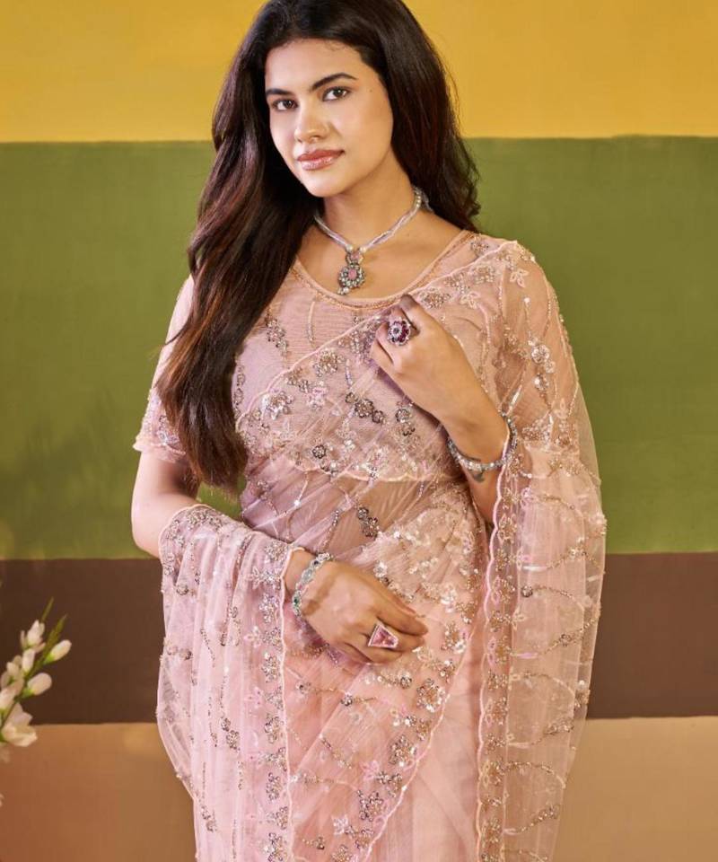 Traditional mauve pink embroidered borders net saree with unstitched blouse