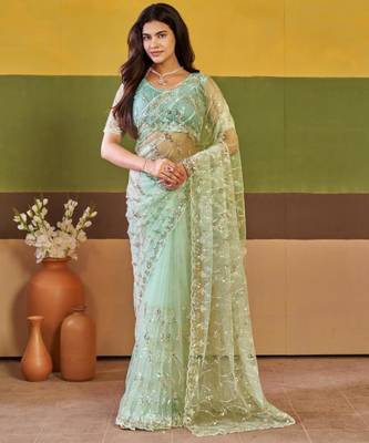 Indian mint green embroidered borders net saree with unstitched blouse 1