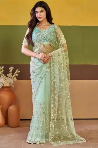 Indian mint green embroidered borders net saree with unstitched blouse