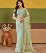 Indian mint green embroidered borders net saree with unstitched blouse