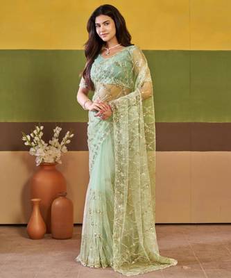 Indian mint green embroidered borders net saree with unstitched blouse 2