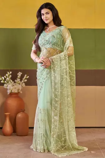 Indian mint green embroidered borders net saree with unstitched blouse