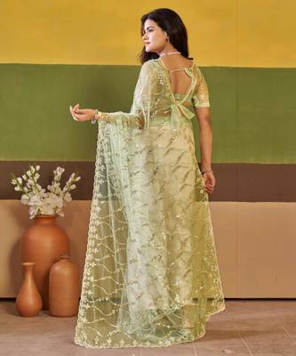 Indian mint green embroidered borders net saree with unstitched blouse 3