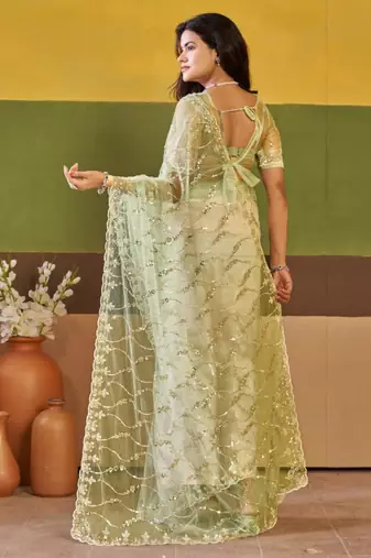 Indian mint green embroidered borders net saree with unstitched blouse