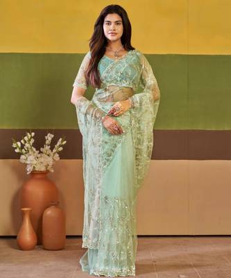 Indian mint green embroidered borders net saree with unstitched blouse 4