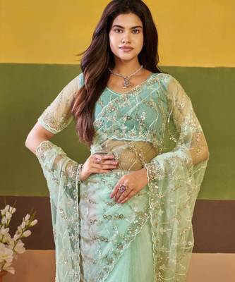 Indian mint green embroidered borders net saree with unstitched blouse 5