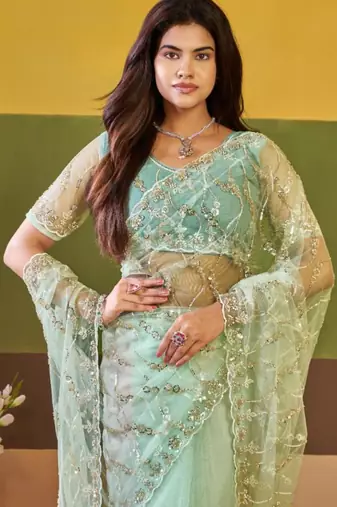 Indian mint green embroidered borders net saree with unstitched blouse