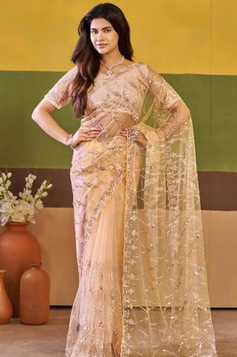 Elegance peach embroidered borders net saree with unstitched blouse