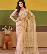Elegance peach embroidered borders net saree with unstitched blouse