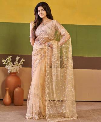 Elegance peach embroidered borders net saree with unstitched blouse 2
