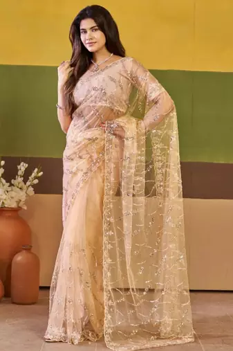 Elegance peach embroidered borders net saree with unstitched blouse